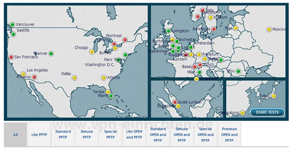 Kartenansicht der VPN-Server von StrongVPN